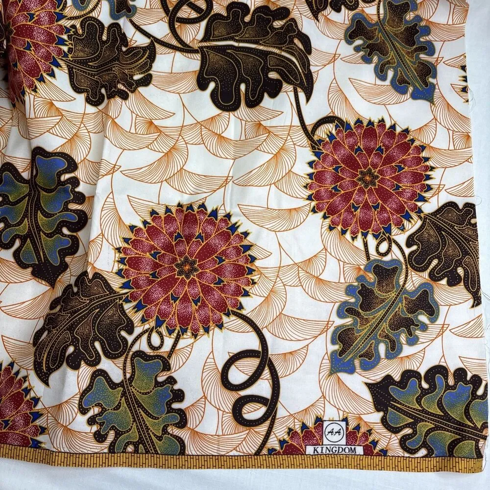 African Wax Fabric/ AA Kingdom - Green, Dark Orange, Dark  Brown Floral 46